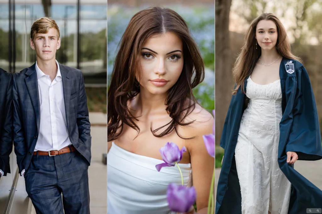 : Three young adults in separate portraits: a young man in a gray suit standing by a glass wall, a young woman with long dark hair in a white strapless dress among purple flowers, and a young woman in a white dress wearing a dark graduation gown walking outdoors.