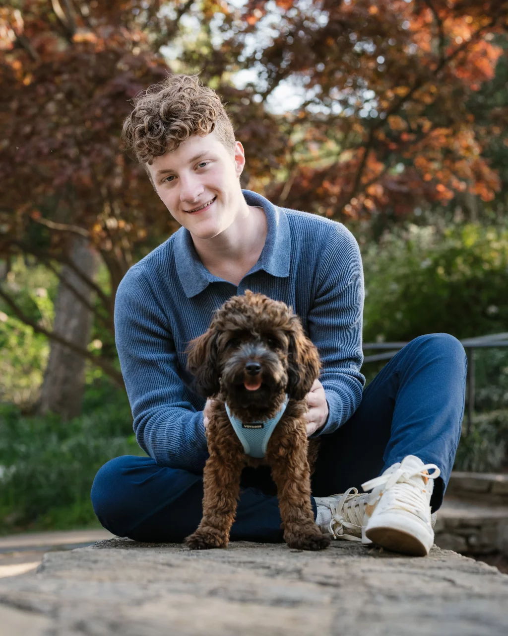Jacobi's senior photos taken at Falls Park, Greenville SC: A young person with curly hair sits cross-legged outdoors on a stone path, smiling and holding a small brown dog wearing a light blue harness. Autumn trees are in the background.