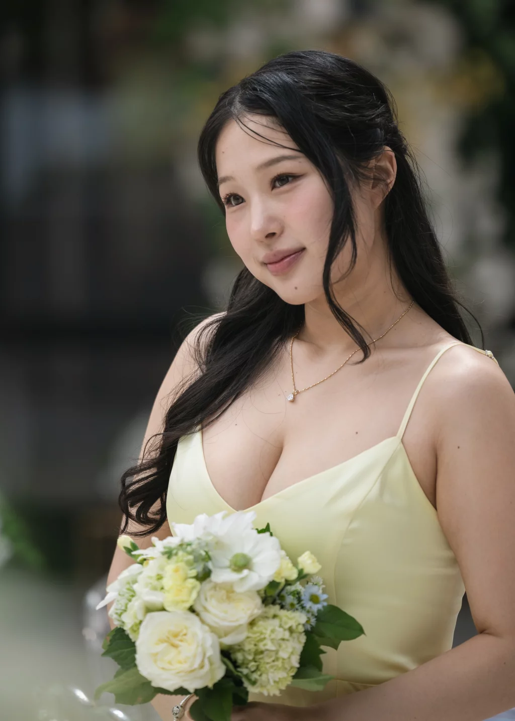 Robbie & Hannah's Wedding @ Edinburgh West, Taylors SC: Bride with long dark hair holding a bouquet of white and pale-yellow flowers.