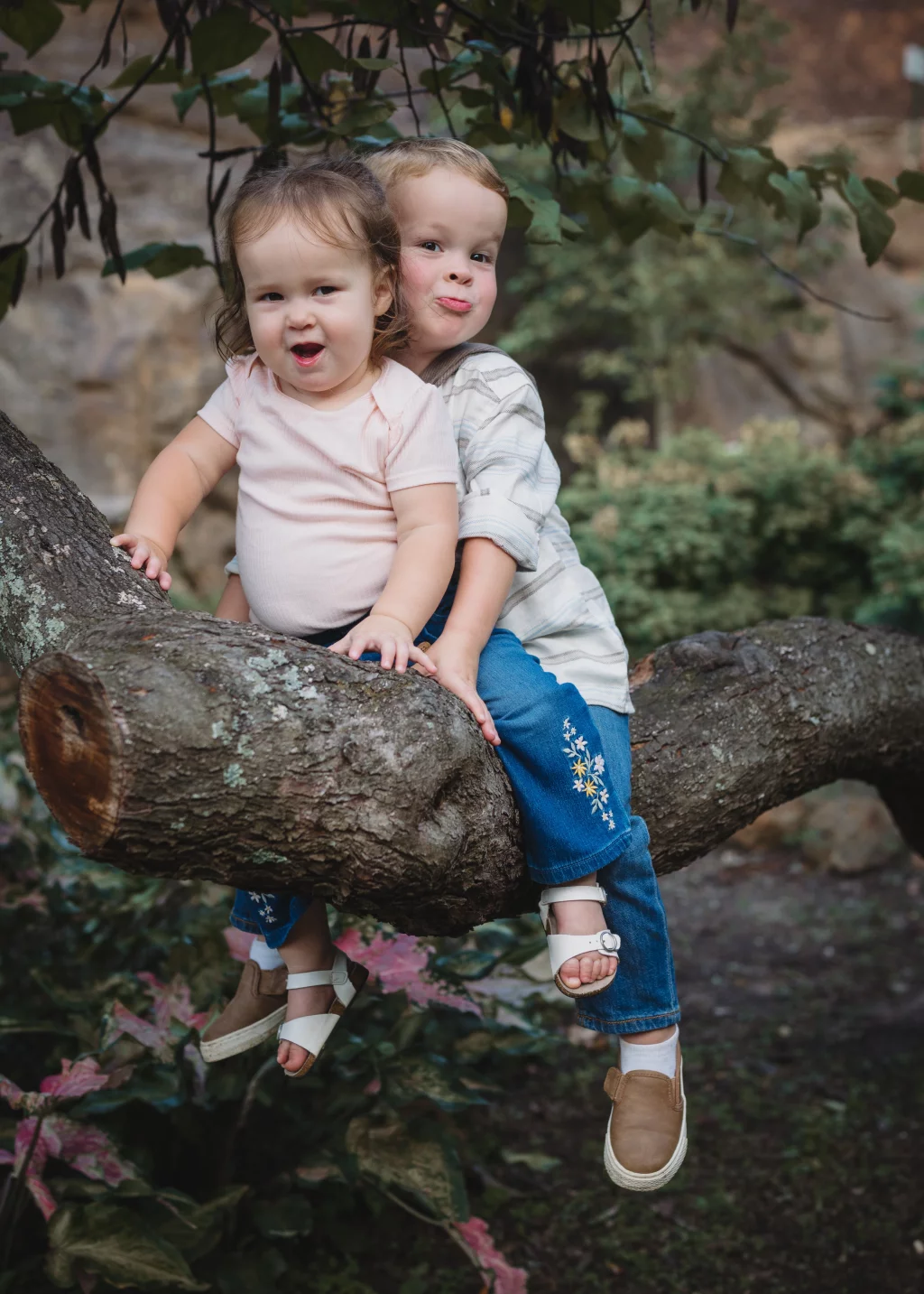Family session at the Rock Quarry Garden.: Two young children sit on a large tree branch in a wooded setting, smiling toward the camera.
