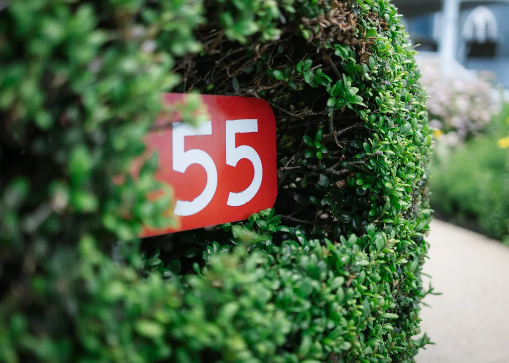 : Red sign with the number 55 in white, partially hidden by green shrubbery.