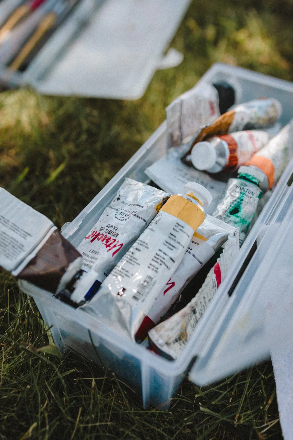 : A plastic box filled with assorted tubes of paint, sitting on grass outdoors.