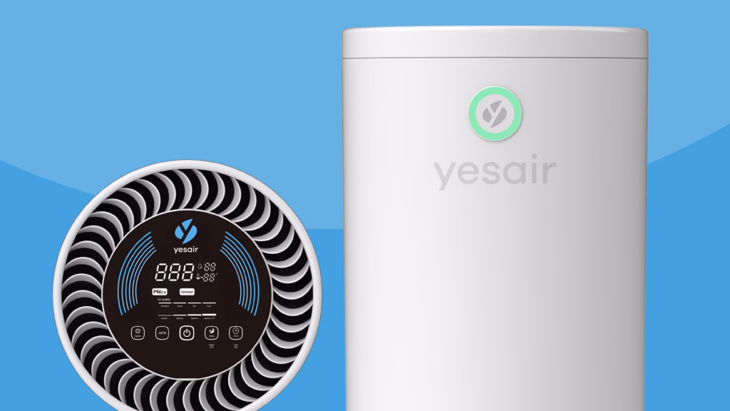 YesAir air purifier marketing materials: Close-up of a white YesAir air purifier against a blue background, showing the circular air vent with a digital display and control buttons, and the brand logo on the main body.